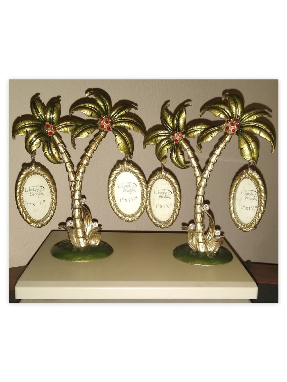 PAIR OF BRASS PALM TREE SCULPTURES W/HANGING RHINESTONE FRAMES